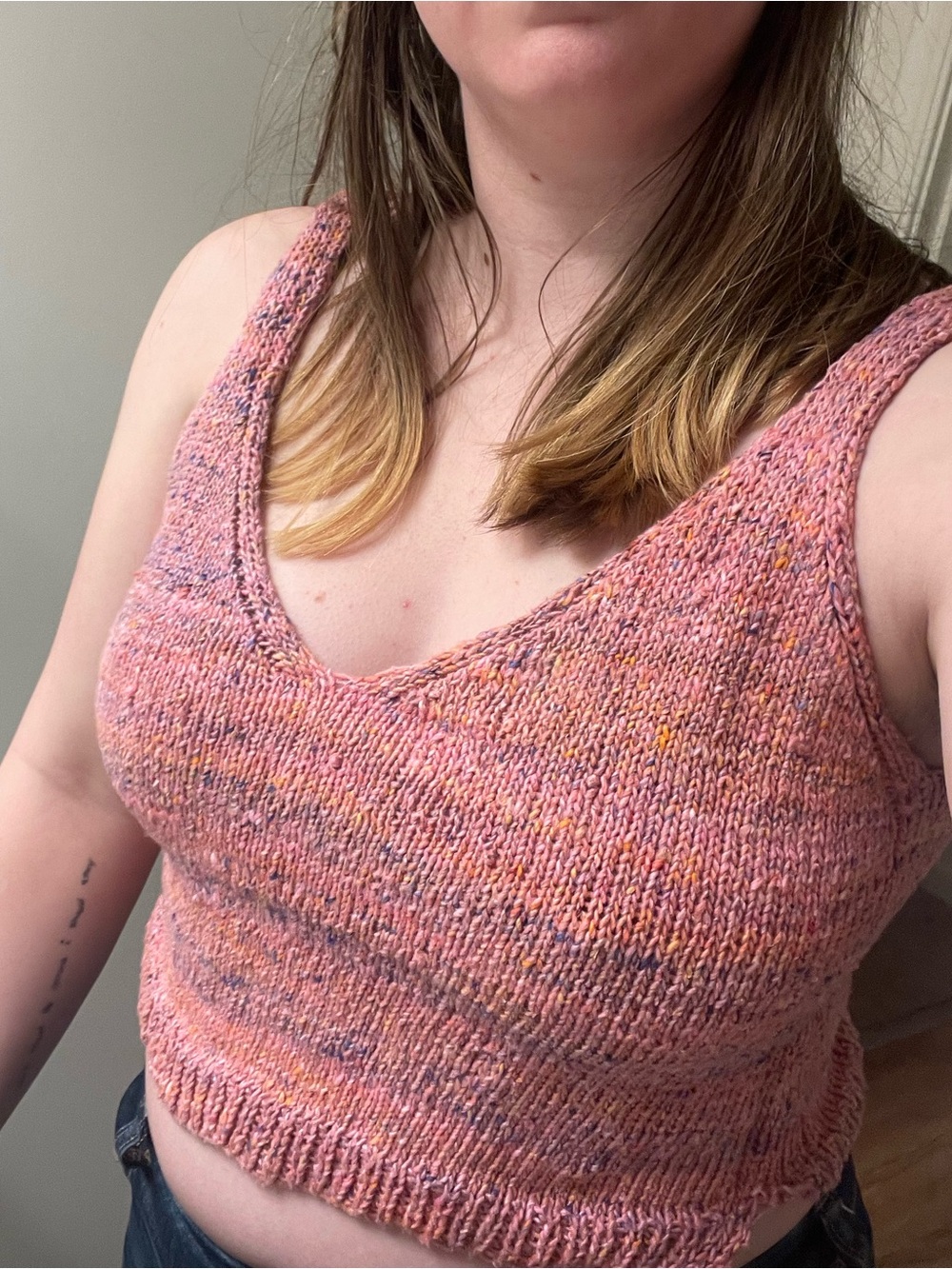 Hand knit pink cropped tank top